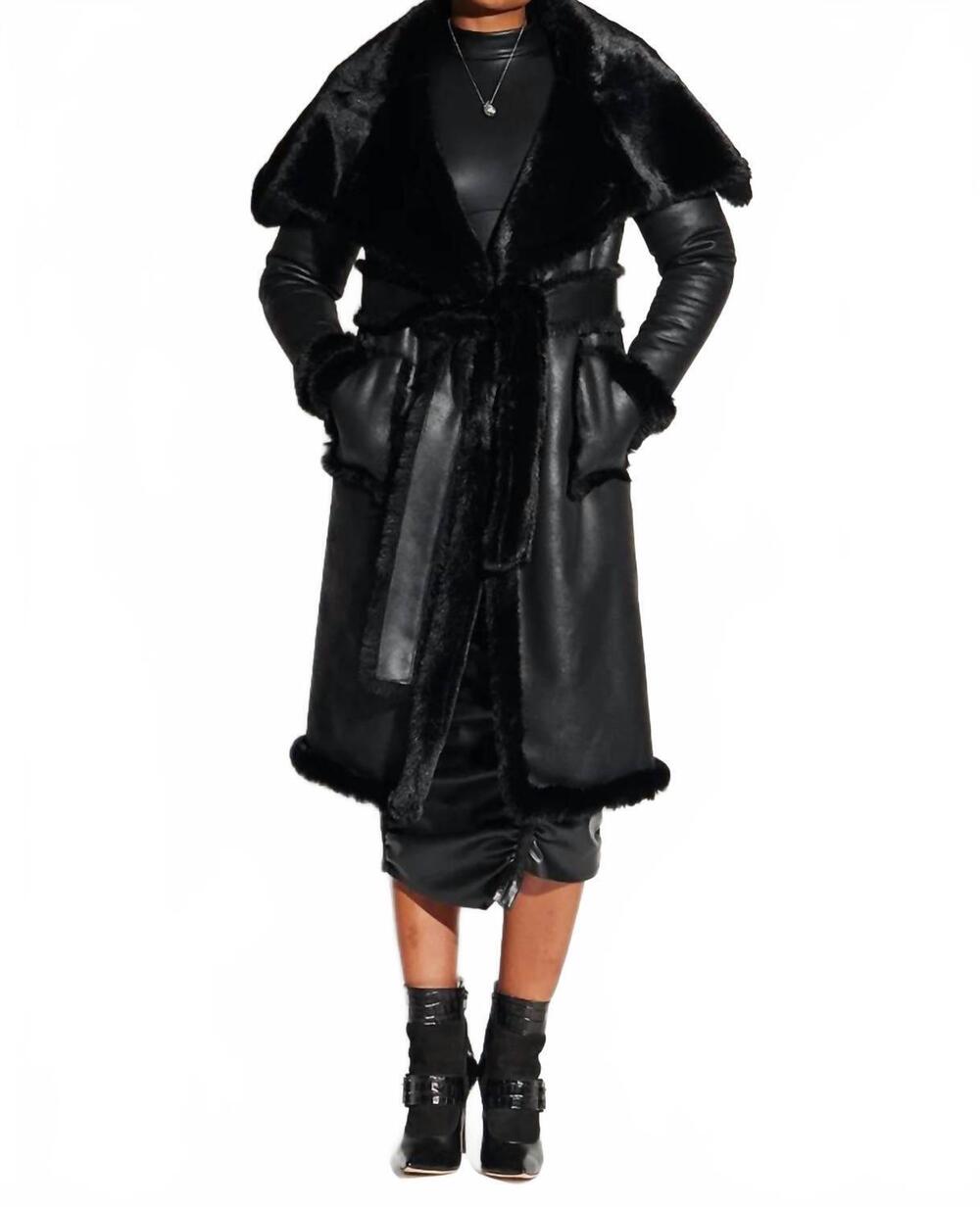 NEW CIRCULAR PATH maxi faux fur and vegan leather reversible coat in black